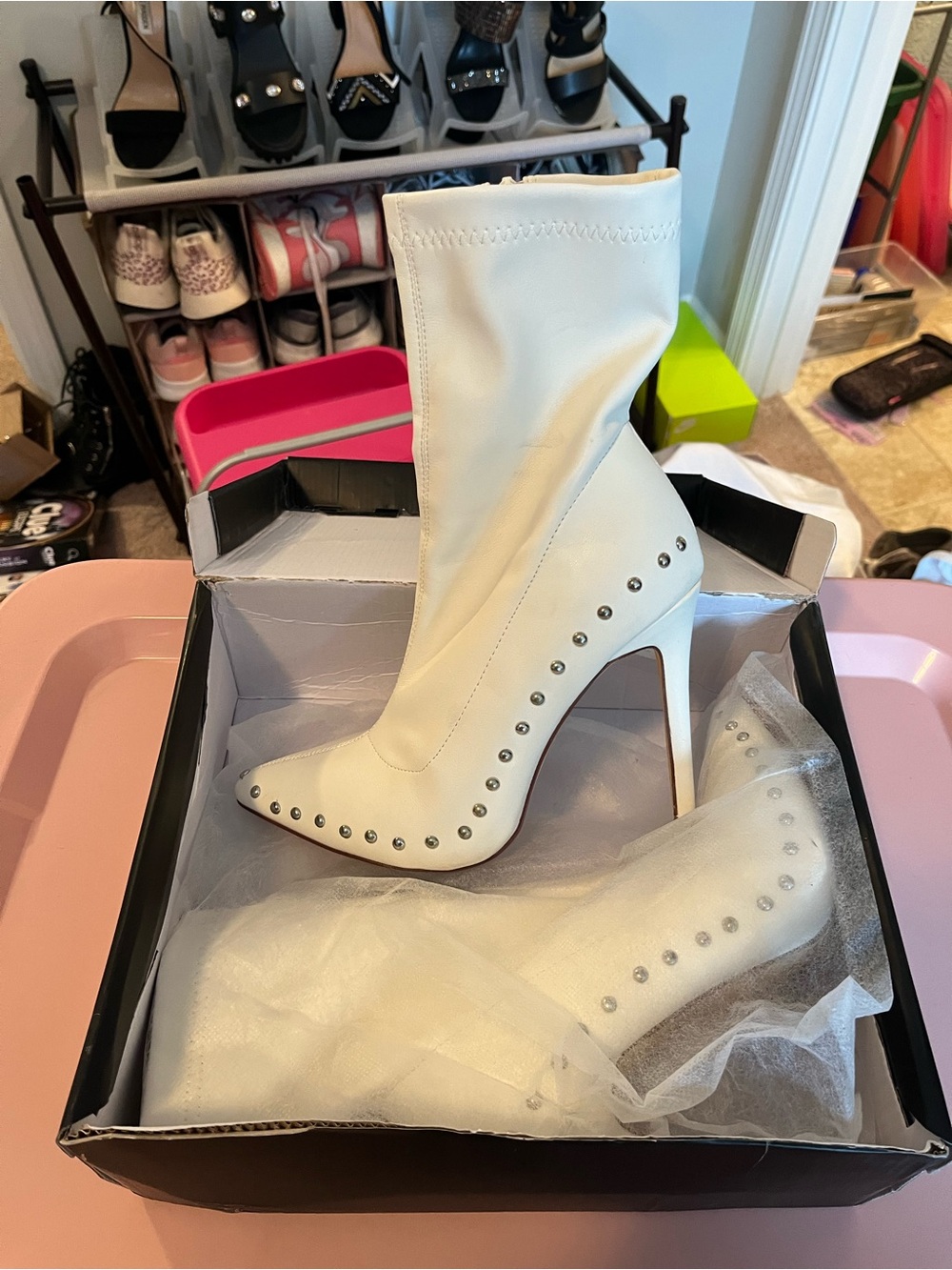 Studded White High Heel Ankle Boots